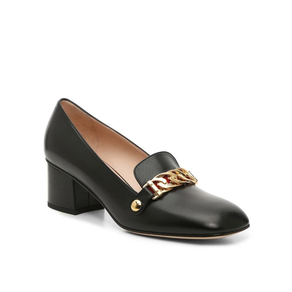Gucci Sylvie Loafer in Black Leather Gold Tone Chain Signature Grosgrain Sz 35.5